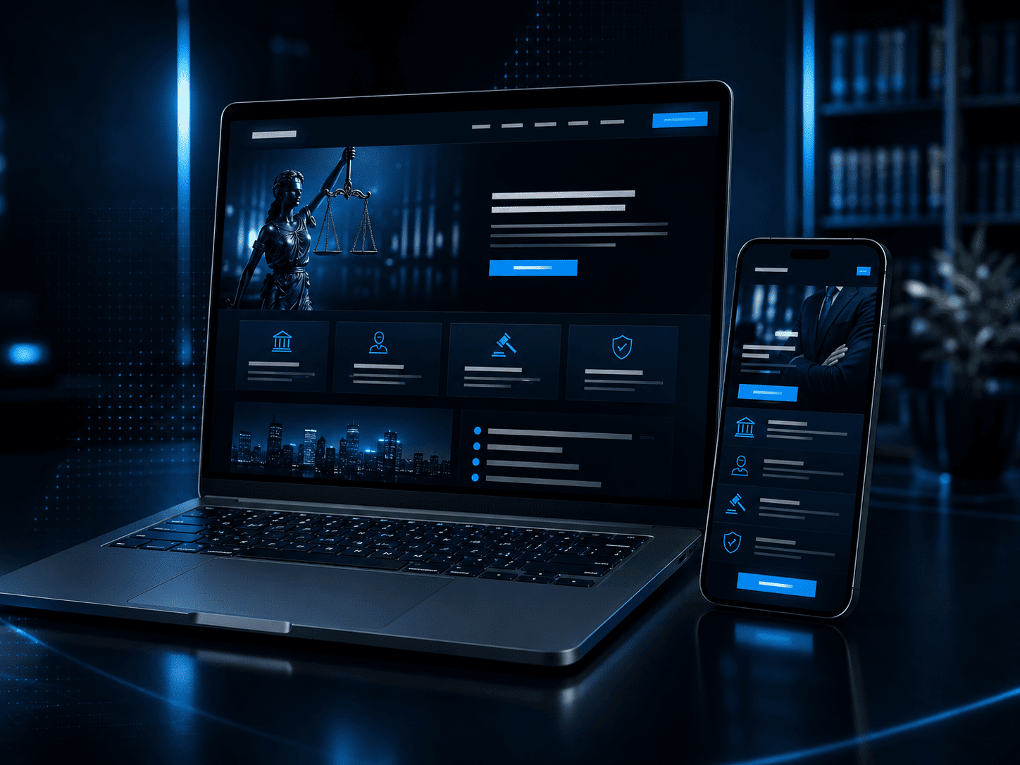 Site para advogado exibido em notebook e celular, com layout responsivo