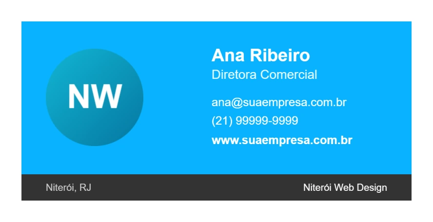 Modelo banner de assinatura de e-mail com o cartão inteiro na cor da marca e faixa inferior com o endereço