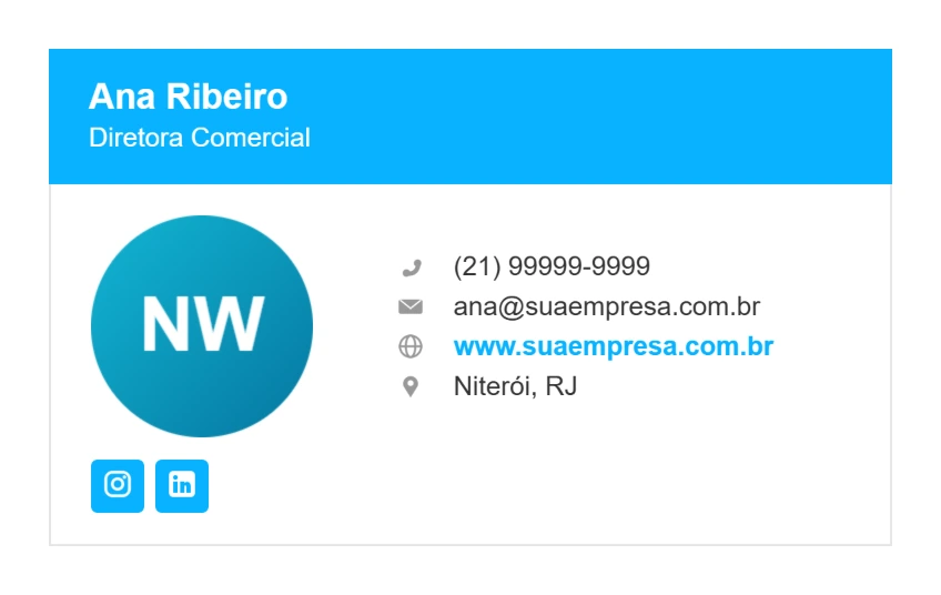 Modelo de assinatura de e-mail com faixa colorida no topo trazendo nome e cargo em branco