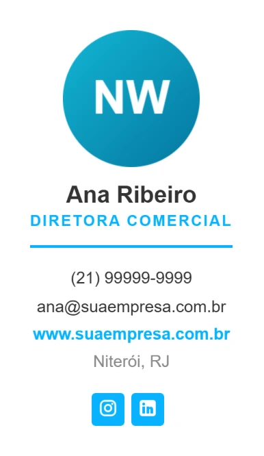 Modelo centralizado de assinatura de e-mail com a logo no topo e nome, cargo e contatos alinhados ao centro