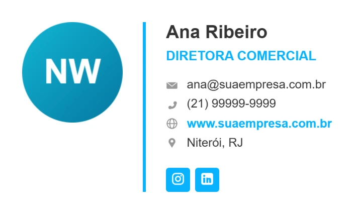 Modelo clássico de assinatura de e-mail com a logo à esquerda, linha vertical colorida e os contatos com ícones à direita