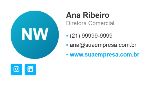 Modelo compacto de assinatura de e-mail com a logo à esquerda e os contatos em lista ao lado