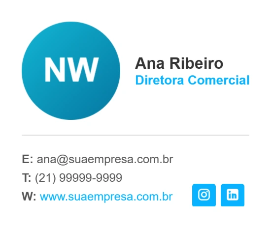 Modelo horizontal de assinatura de e-mail com logo e nome no topo, linha divisória e os contatos abaixo