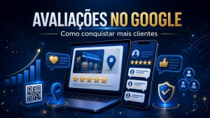 Avaliações no Google Meu Negócio em notebook e celular com estrelas e gráfico de crescimento