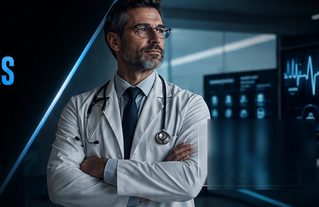 Médico em consultório moderno, ilustrando criação de site para médicos e clínicas