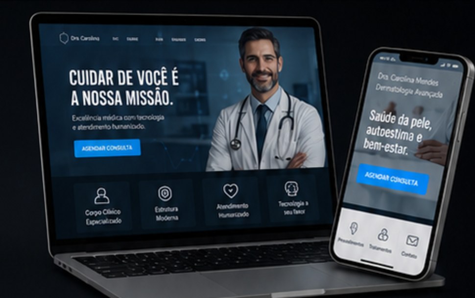 Site médico responsivo exibido em computador, tablet e celular